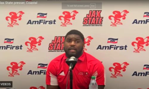 Jax State senior defensive lineman Jaylen Swain talks during Monday’s news conference ahead of the Gamecocks’ season-opener tonight against Coastal Carolina on Burgess-Snow Field. (Photo by Joe Medley)