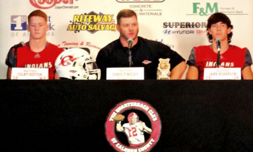 Flanked by wide receiver Colby Hester (left) and quarterback Jake Roberson, Ohatchee coach Chris Findley talks at Calhoun County Quarterback Club Media Day in July. (Photo by Joe Medley)