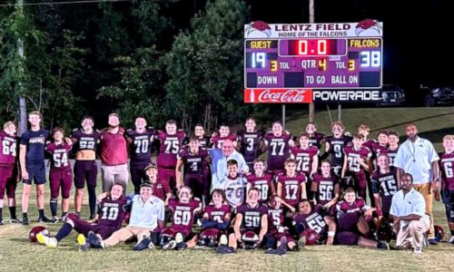 Donoho celebrates its victory over Ragland on Friday. The Falcons ended a 13-game losing streak. (Photo Courtesy of The Donoho School)