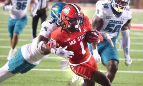 Jax State’s Demarcus Lacey tries to break free against Coastal Carolina on Thursday in AmFirst Stadium. (Jax State photo)