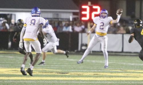 Piedmont quarterback Cole Wilson looks for Ishmael Bethel during the Bulldogs’ victory at Cherokee County on Friday. (Photo by Jean Blackstone/For East Alabama Sports Today)