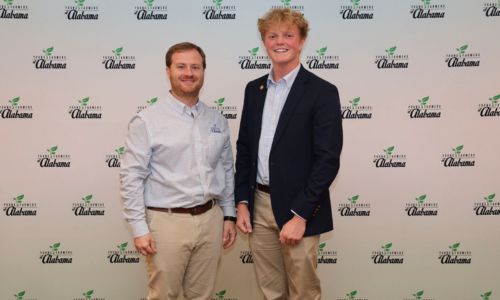 Nine college students competed in the Alabama Farmers Federation’s inaugural statewide Collegiate Discussion Meet Oct. 18 in Opelika. Tallapoosa County native and Auburn University student Kayden Ray placed second and won a $750 scholarship. Ray is pictured with Federation Young Farmers Division Director Hunter McBrayer. 