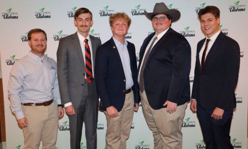 Nine Auburn University students competed in the Alabama Farmers Federation’s inaugural statewide Collegiate Discussion Meet Oct. 18 in Opelika. The Final Four were Etowah County's Bryer Morrison, first; Tallapoosa County's Kayden Ray, second; Escambia County's John Braxton Rhodes, third; and DeKalb County's Ryan Koger, fourth. From left are Federation Young Farmers Division Director Hunter McBrayer, Morrison, Ray, Rhodes and Koger.