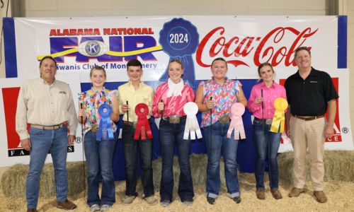 ntermediate Showmanship winners in the Youth Swine Show at the Alabama National Fair Oct. 13 in Montgomery were, from left, Makenna Martin of Tallapoosa County, champion; Colton Simpson of DeKalb County, reserve champion; Rose Hodnett of Tallapoosa County; third place; Addison Payne of Randolph County, fourth place; and Addisyn Hammonds of Calhoun County, fifth place. Intermediate Showmanship is for exhibitors ages 13-15. Alabama Farmers Federation and Alfa Insurance sponsored youth livestock events at the fair. Winners are pictured with Kiwanis Club representative Paul Hodges, left, and Federation Executive Director Paul Pinyan, right.