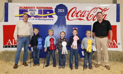 Beginner Showmanship winners in the Youth Swine Show at the Alabama National Fair Oct. 13 in Montgomery were, from left, Roop Lovvorn of Randolph County, champion; Seth McMurray of Lee County, reserve champion; Ella Hopper of Randolph County; third place; Liana Chestnut of Barbour County, fourth place; and Anna Claire Simpkins of Clay County, fifth place. Beginner Showmanship is for exhibitors ages 4-8. Alabama Farmers Federation and Alfa Insurance sponsored youth livestock events at the fair. Winners are pictured with Kiwanis Club representative Paul Hodges, left, and Federation Executive Director Paul Pinyan, right.