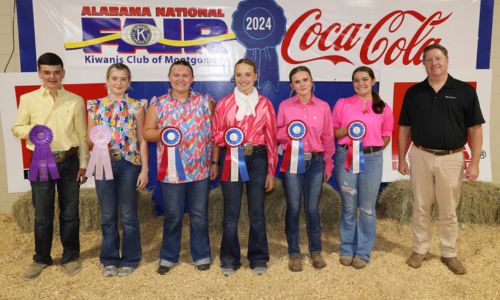 Intermediate Premier Exhibitor winners in the Youth Swine Show at the Alabama National Fair Oct. 13 in Montgomery were, from left, Colton Simpson of DeKalb County, grand champion; Makenna Martin of Tallapoosa County, reserve champion; Addison Payne of Randolph County; third place; Addisyn Hammonds of Calhoun County and Rose Hodnett of Tallapoosa County, tied for fourth place; and Kendall Price of Elmore County, fifth place. Intermediate Premier Exhibitor is for exhibitors ages 13-15 and consists of showmanship, livestock evaluation and a written test. Alabama Farmers Federation and Alfa Insurance sponsored youth livestock events at the fair. Winners are pictured with Federation Executive Director Paul Pinyan.