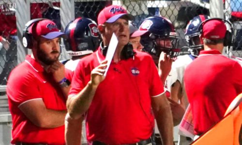 Central-Clay County coach Danny Horn at work during the Vols’ 29-7 victory at Elmore County on Friday. (David Holtsford/AHSAA)