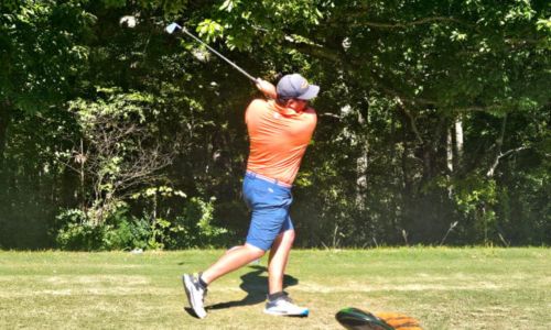 John Rollins tees off on No. 10 during his Calhoun County Match Play final against Jeremy McGatha on Sunday at Anniston Municipal Golf Course. (Photo by Joe Medley)