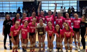 Ohatchee’s volleyball team celebrates after sweeping to a Class 3A North Regional title Friday. (Submitted photo)