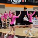 Alexandria players celebrate after finishing off their victory over Donoho in Saturday’s Calhoun County semifinals in Larry R. Ginn Gymnasium. (Photo by Joe Medley)