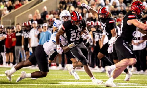 Tre Stewart rushes for some of his 210 yards during Jacksonville State’s 42-20 victory over Middle Tennessee State on Wednesday at AmFirst Stadium. (Photo by Brandon Phillips/Jax State)