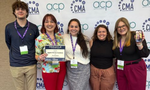 (L-R): Sports Editor Austin Tackett, Editor-in-chief Madeline Ricard, former Features Editor Maddie Reid, News Editor Lindsey Frazier and former News Editor Anna Barrett. (Former Sports Editor Justin Travis, who joined in a video call, is also pictured.)