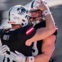 Jax State quarterback Sam Huff and wide receiver Brock Rechsteiner celebrate after a Huff touchdown run against Sam Houston State on Saturday in AmFirst Stadium. (Photo by Brandon Phillips/Jax State)