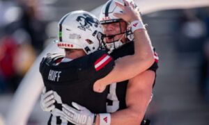 Jax State quarterback Sam Huff and wide receiver Brock Rechsteiner celebrate after a Huff touchdown run against Sam Houston State on Saturday in AmFirst Stadium. (Photo by Brandon Phillips/Jax State)