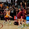 Spring Garden players celebrate Thursday after winning their second consecutive state volleyball title in Birmingham’s Bill Harris Arena. (Photo by Joe Medley)