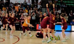 Spring Garden players celebrate Thursday after winning their second consecutive state volleyball title in Birmingham’s Bill Harris Arena. (Photo by Joe Medley)