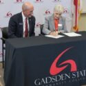 Gadsden State president Dr. Kathy Murphy and Samford University president Dr. Beck Taylor sign a memorandum of understanding (MOU) that will create seamless transfer pathways for Gadsden State graduates into select Samford programs.