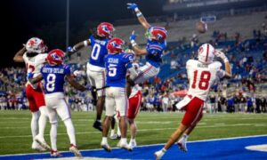 Cam Vaughn reaches for the Hail Mary pass that allowed Jax State to force overtime at Louisiana Tech on Saturday. The Gamecocks won in overtime. (Photo by Brandon Phillips/Jax State)