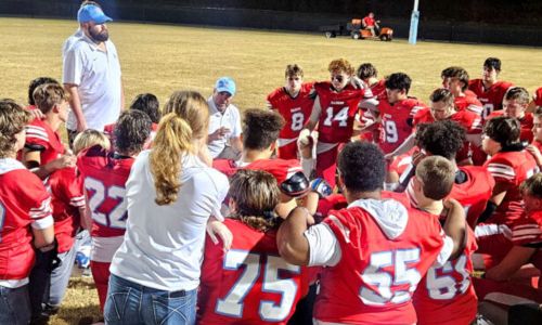 Pleasant Valley head coach Jonathan Nix talks to his team after its playoff game with Sulligent on Nov. 8. He is the ALFCA head coach of the year for Class 2A. (Photo by Joe Medley)