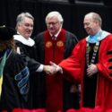 Alabama Speaker of the House Nathaniel Ledbetter (center) is awarded an Honorary Doctorate of Letters by Jacksonville State University President Dr. Don C. Killingsworth, Jr., as (from left) Trustee Randy Owen, Provost and Executive Vice President for Academic Affairs Dr. Christie Shelton, and Board of Trustees Chairman Randy Jones look on. The honor was bestowed during Jax State’s fall commencement ceremony on December 13, 2024, at Pete Mathews Coliseum. (JSU Photo by Alyssa Cash)