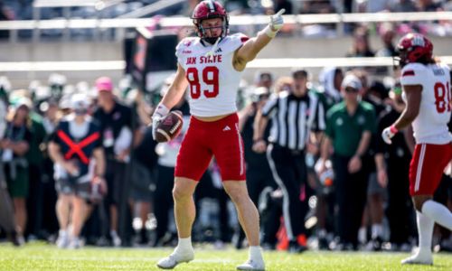 Jax State receiver Brock Rechsteiner shows the way after making a first-down catch against Ohio in Friday’s StaffDNA Cure Bowl in Orlando, Fla. (Photo by Brandon Phillips/Jax State)