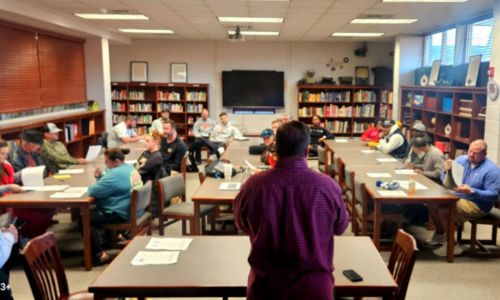 Calhoun County championships chairman Jody Whaley speaks to basketball coaches during Thursday’s county seeding meeting at Alexandria High School. (Photo by Joe Medley/East Alabama Sports Today)