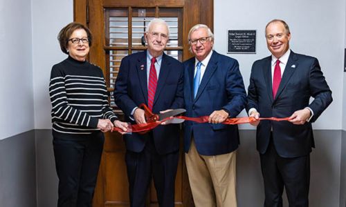 From left to right: Mary Monk, Samuel Monk, Board of Trustees Chairman Randy Jones, and Jax State President Dr. Don C. Killingsworth, Jr. - Photo Courtesy of JSU