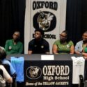 Bevill State Community College men’s basketball Coach Billy Conner speaks during Monday’s ceremony to celebrate Oxford High standout Jayden Lewis’ signing to play for the school.