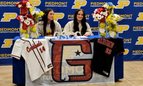 Piedmont’s Cacey Brothers (left) and Cayla Brothers participate in Monday’s ceremony to celebrate their signings to play softball for Gadsden State Community College. (Photo by Joe Medley/East Alabama Sports Today)