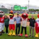 TruGreen executives take the field with Minor League Baseball mascots to celebrate the company’s multiyear partnership with MiLB. From left to right: Louisville Bats mascot, Christine Belknap (TruGreen Chief Human Resources Officer), Memphis Redbirds mascot, Kurt Kane (TruGreen President & Chief Executive Officer), Chattanooga Lookouts mascot, Kevin Mann (TruGreen Chief Legal Officer), and Nashville Sounds mascot.