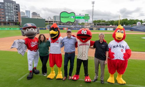 TruGreen executives take the field with Minor League Baseball mascots to celebrate the company’s multiyear partnership with MiLB. From left to right: Louisville Bats mascot, Christine Belknap (TruGreen Chief Human Resources Officer), Memphis Redbirds mascot, Kurt Kane (TruGreen President & Chief Executive Officer), Chattanooga Lookouts mascot, Kevin Mann (TruGreen Chief Legal Officer), and Nashville Sounds mascot.