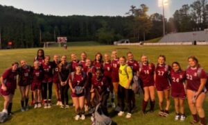 Donoho’s girls celebrate after beating St. Bernard Prep in Monday’s playoff action at Donoho. (Submitted photo)