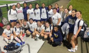 Jacksonville’s girls celebrate after beating Boaz 2-0 in Friday’s first-round Class 5A soccer playoff match at Boaz. (Submitted photo)