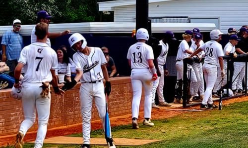 Hope Christian’s Easten Strickland celebrates with Kainen Bozeman after Eli Bozeman’s two-run double in the first inning of the Saints’ AISA quarterfinal series with South Choctaw on Tuesday at Oxford’s Big Jack Stovall Sports Complex. Hope plays Patrician in the AISA semifinals Monday at Montgomery. (Photo by Joe Medley/East Alabama Sports Today)