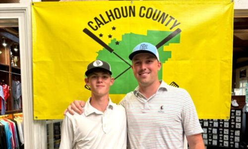 Layton Bussey (right) and Cam Hurst teamed to win the forecast-shortened Calhoun County Team Championship on Saturday, prevailing in a playoff. (Submitted photo)