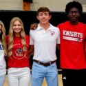 Alexandria’s latest mass signing group (from left): volleyball’s Shelby Morris, cross country’s Trinity Pope, football’s Cleat Forrest, track’s Jaylen Henderson and cross country’s Kylie Davis. (Photo by Joe Medley/East Alabama Sports Today)