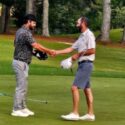 Cody Robinson (left) shakes hands with Brennan Clay after their second attempt at a playoff hole to finish the Pine Hill Invitational on Sunday. (Photo by Joe Medley/East Alabama Sports Today)