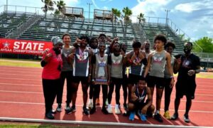 Anniston’s boys celebrate Saturday after winning their third Class 4A state outdoor track title in four years at Gulf Shores. (Submitted photo)