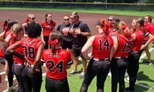 Andy Fulmer talks to Weaver’s softball team after the Bearcats finished play in the East Regional tournament Tuesday in Albertville. (Photo by Joe Medley/East Alabama Sports Today)