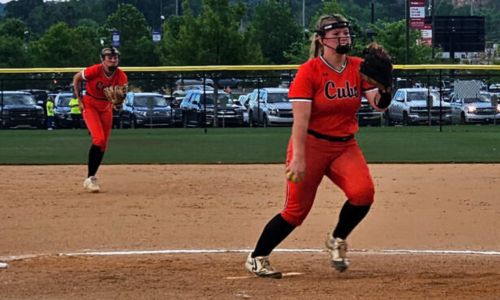 Alexandria’s Pressley Slaton comes out of windup against Plainview during Wednesday’s state-tournament action at Choccolocco Park. (Photo by Joe Medley/East Alabama Sports Today)