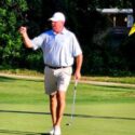 Ty Cole (left) and Gary Wigington (center) celebrate after Wigington hit a 20-foot birdie putt on No. 9 at Anniston Country Club during Sunday’s final round of the Ted’s Charity Invitational. (Photo by Joe Medley/East Alabama Sports Today)