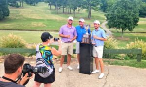 Tanner Wells and Jacob LeCroy pose for pictures after winning the inaugural Ted’s Charity Invitational on July 14 of 2024. The tandem returns for this year’s Ted’s Invitational, which starts Saturday at Gadsden Country Club and Anniston Country Club. (Photo by Joe Medley/East Alabama Sports Today)