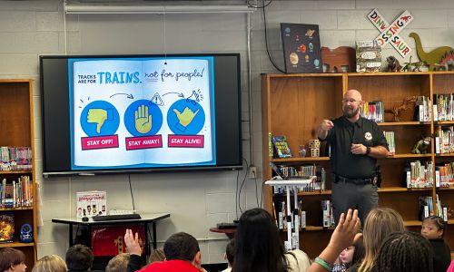 Rail safety education at Alexandria Elementary with Norfolk Southern and OLI-5