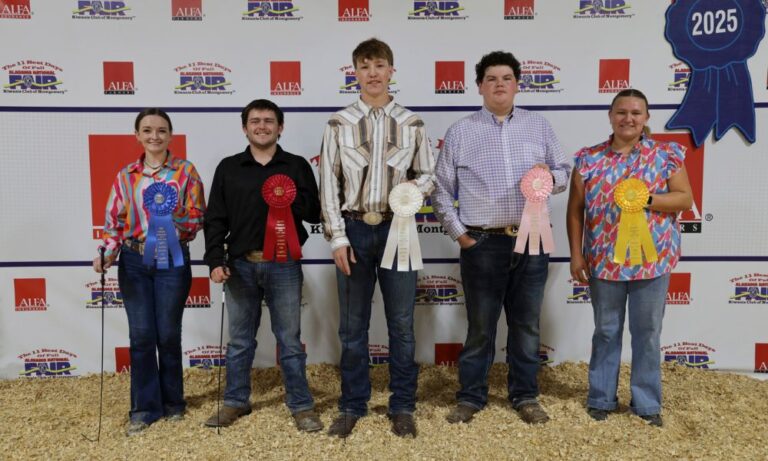 Senior Showmanship winners in the Youth Swine Show at the Alabama National Fair Oct. 12 in Montgomery were, from left, Alyx Johnson of Randolph County, first place; Travis Smith of St. Clair County, second place; Dalton Fink of Calhoun County, third place; Luke Smallwood of Calhoun County, fourth place; and Addison Payne of Randolph County; fifth place. The senior division is for students 16-19 years of age. Alabama Farmers Federation and Alfa Insurance sponsored youth livestock activities at the fair.