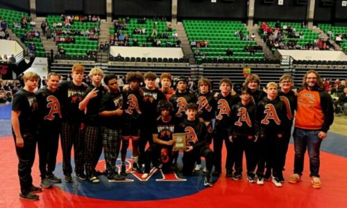 Alexandria’s boys’ wrestling team poses for pictures after finishing third in the Class 1A-4A state duals tournament, which concluded Friday in Birmingham’s Bill Harris Arena. (Submitted photo)