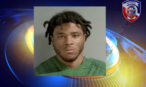 cover photo with the suspects photo, anniston police patch and a colorful background with the earth showing