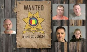 Wanted photo with 4 mugshots and Sheriffs Office star