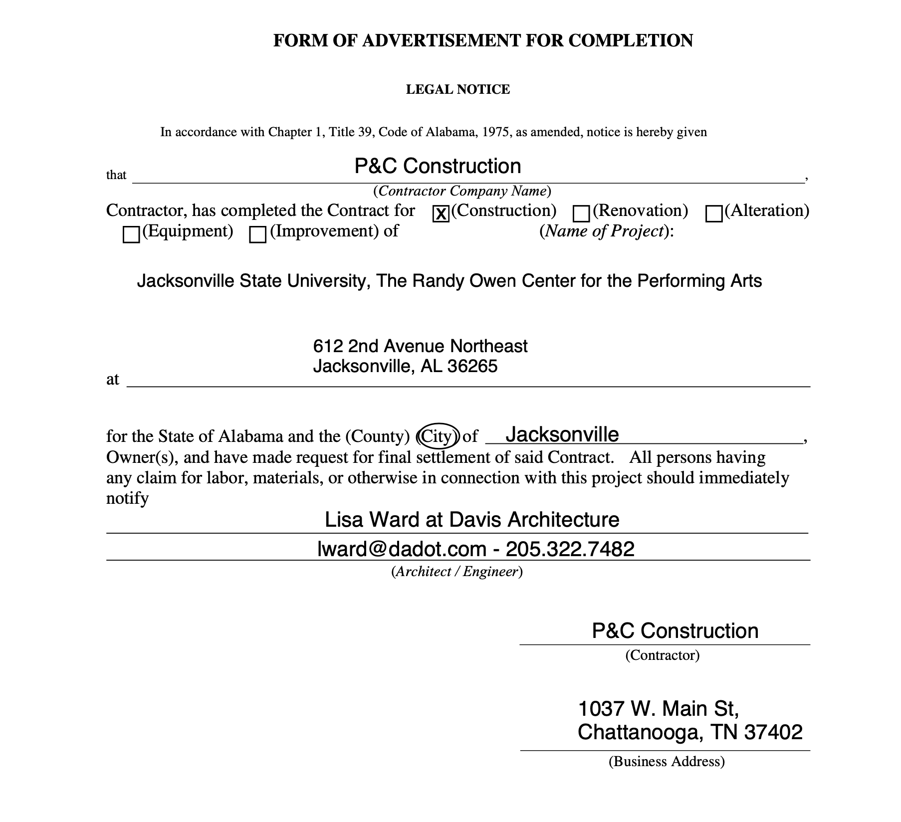 FORM OF ADVERTISEMENT FOR COMPLETION