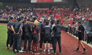 Westbrook Christian’s baseball team huddles during Wednesday’s Game 2 of the Class 4A title series on Jax State’s Rudy Abbott Field. (Photo by Joe Medley/East Alabama Sports Today)