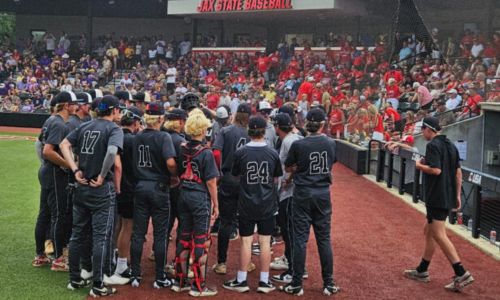 Westbrook Christian’s baseball team huddles during Wednesday’s Game 2 of the Class 4A title series on Jax State’s Rudy Abbott Field. (Photo by Joe Medley/East Alabama Sports Today)